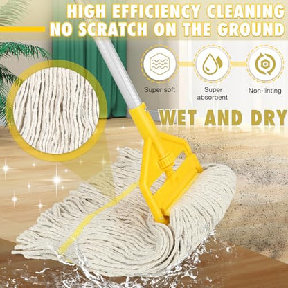 Commercial Mop Heavy Duty Industrial Cotton Mops with Long Handle | 59" Aluminum Handle/Looped-End String Mops Head/Dry Wet Use for Home/Kitchen/Garage/Office/Concrete/Tile Floor Cleaning - size: 1x Industrial Mop with Handle