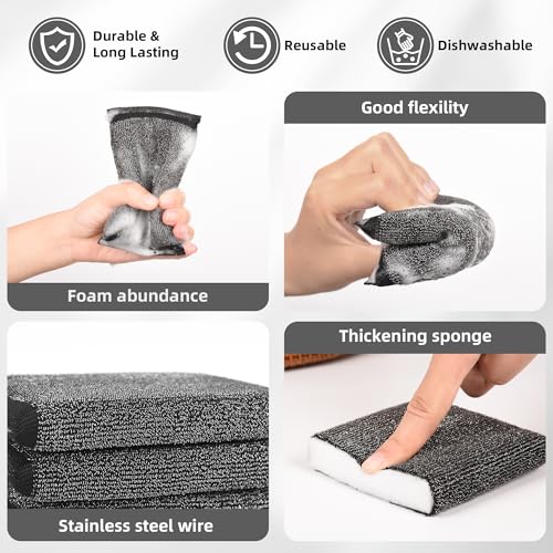 Kitchen Dish Sponges Steel Scrubbers - 6 Pack Black Non Scratch Heavy Duty Scrub Sponges，Reusable Multipurpose Metal Cleans for Washing Dishes，Pots and Pans，Household Cleaning，Bathroom - color: Black
