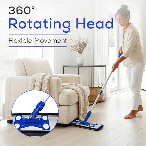 Microfiber Flat Mop with 360° Rotation for Floor Cleaning – Adjustable Aluminum Handle (81–140 cm), Hook and Loop Head, Reusable Microfiber Pads, Lightweight for Hardwood, Tile & Laminate Floors
