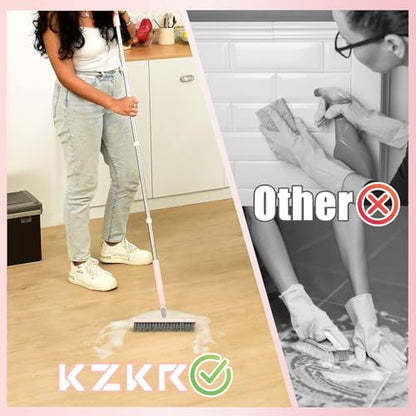Floor Scrub Brush With Squeegee, Grout Brush With Telescopic Long Handle, V-Shape Floor Scrubber With Scrape Stiff Bristle for Shower Tile Grout Cleaning, Kitchen Bathroom Baseboard Deck Tool