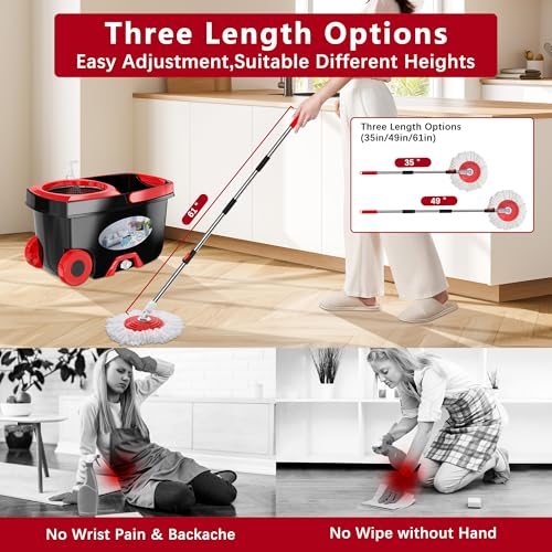 FunClean Spin Mop and Bucket for Home Cleaning, 360° Rotating Floor Mop with Wringer, Adjustable 61" Handle for Back Pain Relief, 6 Microfiber Replacement Heads, 2 Easy-Move Wheels - Black - size: Black Mop Bucket with 6 Extra Refills