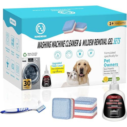Washing Machine Cleaner Tablets Ultra - Designed for Pet Owners, Removes Residue, Grime & Odors, with Mold Cleaning Gel&Brush, Compatible with HE, Top&Front Load, 30 Tablets-12+ Month Supply - color: Colorful 32 Pack