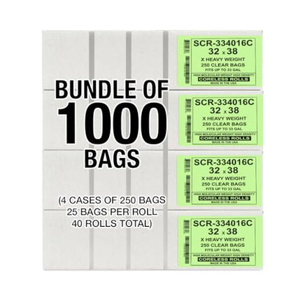 Aluf Plastics 33 Gallon Trash Bags Source Reduction Series Value High Density 16 Micron Gauge (equiv) - Intended for Home, Office, Bathroom, Paper, Styrofoam (Pack of 1000) - color: Clear, style: 33 Gal, 16 Micron Equiv, 1,000 Count