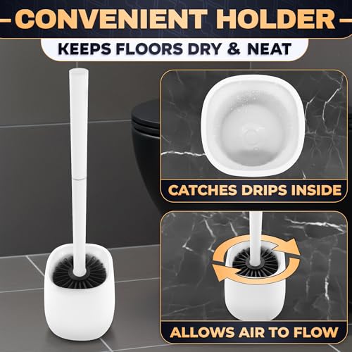 Toilet Brush and Holder Set - Silicone Toilet Bowl Brush with White Holder Base, Compact Bath Accessory for Small Spaces - Easy to Place and Simple to Store After Use, Plastic Bathroom Cleaning Tool - color: White