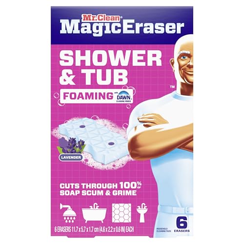 Mr. Clean Magic Eraser Sponge, Bathroom, Shower, Tub Cleaner, Soap Scum Remover, Bathroom Cleaning Supplies, Dawn Cleaning Power with Lavender Scent, Shower & Tub, 6ct - size: 1 Count (Pack of 6), style: Upgraded Version