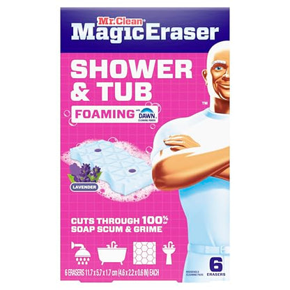 Mr. Clean Magic Eraser Sponge, Bathroom, Shower, Tub Cleaner, Soap Scum Remover, Bathroom Cleaning Supplies, Dawn Cleaning Power with Lavender Scent, Shower & Tub, 6ct - size: 1 Count (Pack of 6), style: Upgraded Version