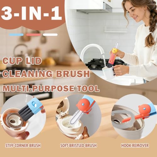 3 in 1 Cup Lid Cleaning Brush, Multifunctional Crevice Gap Cleaner for Tumbler Water Bottle Lid, Deep Clean Tool for Home Kitchen, Red Blue White（3 PCS） - color: Red, Blue, White(bear)