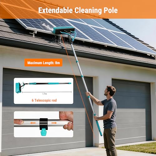 Water Fed Pole Kit, 27FT Solar Panel Cleaning Pole with Extendable Handle, 180° Rotatable Brush Head & 65.6FT Hose, Household & Outdoor Window Cleaner Tool for Caravan Solar Panel Deck - size: 27FT