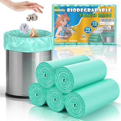 Garbage Bags 13 Gallon Tall Kitchen - Clear Green Biodegradable Large Trash Bags Unscented Leak-Proof Wastebasket Can Liners for Office Bedroom Toilet or Outdoor Heihaily Bulk 75 Count - style: Bio-13gal Green 75