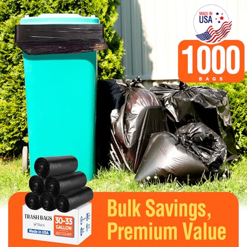 Delxo 30-33 Gallon Trash Bags, 1000 Count – 0.6 Mil Medium Duty Garbage Bags, Durable Plastic Bolsas para basura, Perforated Design– Made in USA for Kitchen, Yard, Office (Black) - color: 33Gal-1000Ct(Black)