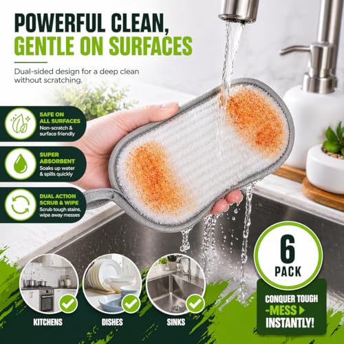 Sponges Kitchen Dish Dual-Sided Sponge for Washing Dishes Cleaning Kitchen, All-Purpose, 6 Pack, Non Scratch, Rough Scrubbers Side for Non-Stick Cookware, Soft Microfiber Scrub Side for Dishes
