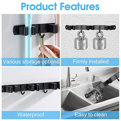 Huryfox Mop and Broom Holder Wall Mounted - Sturdy Stainless Steel Rack with Utility Hooks, 5 Racks, 4 Hooks Adjustable Design and Multiple Storage Organiser Options, Perfect for Kitchen - size: 5 Racks and 4 Hooks