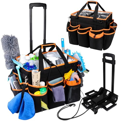 COVKEV Rolling Cleaning Caddy with Wheels& Built-in Board, Extra Large Cleaning Caddy Bag with Detachable Trolley, Water Resistant Lining Cleaning Supplies Organizer on Wheels for Housekeepers (Black)