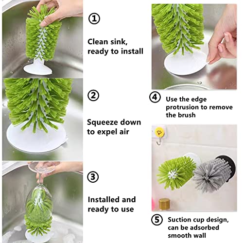 2PCS Glass Cleaning Brush with Suction Cup, Kitchen Bottle and Wine Cup Cleaner, Stable Washing for Cups, Mugs, Decanters and Jugs, Green - color: Green, size: 2PCS