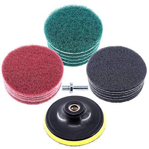 Glarks 16Pcs 5 Inch Drill Power Brush Tile Scrubber Scouring Pads Cleaning Kit with 5 Inch Disc Pad Holder for Bathroom & Kitchen Cleaning, 3 Different Stiffness (Red, Gray, Green)