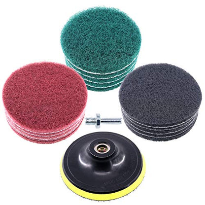 Glarks 16Pcs 5 Inch Drill Power Brush Tile Scrubber Scouring Pads Cleaning Kit with 5 Inch Disc Pad Holder for Bathroom & Kitchen Cleaning, 3 Different Stiffness (Red, Gray, Green)