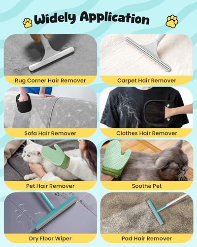 Carpet Rake for Pet Hair Removal Tool - 4 in 1 Pet Hair Remover Kit for Dog Cat Fur Remover, Contain 60" Adjustable Rubber Broom, Glove, Magic Brush and Scraper for Furniture (Blue) - color: Blue