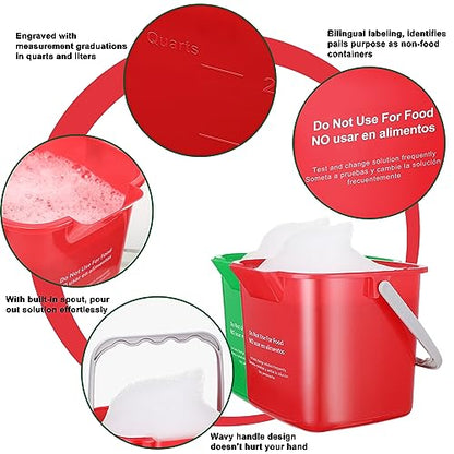 Yaomiao 4 Pcs Cleaning Bucket 3 Quart Small Sanitizing Square Bucket Detergent Pail with Measurements Spout and Handle for Home Commercial Use Restaurant Kitchen Office School (Red, Green) - color: Red, Green