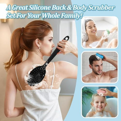 Silicone Back Scrubber & Bath Glove Set 2PCS, 13.4'' Gentle Shower Back Scrubber with Dual-Side Head Non-Slip Handle, 360° Anti-Slip Hand-fit Bath Glove for Rich Foaming Deep Cleaning(Black) - color: Black*2