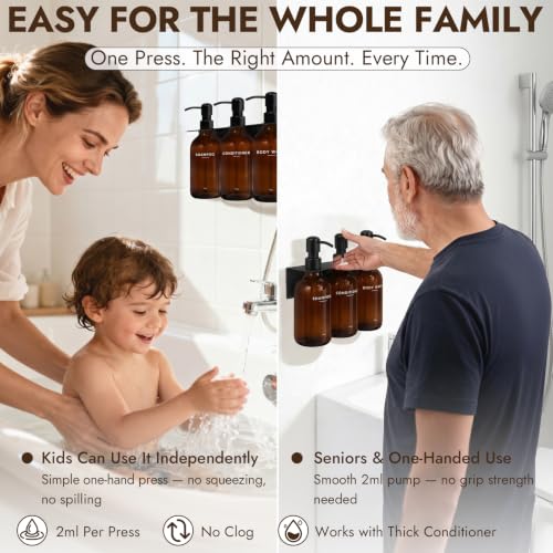 KOUCHU Shampoo and Conditioner Dispenser - Wall Mounted Shower Soap Dispenser - 17oz No-Drill Refillable Plastic Bottles with Stainless Steel Pump for Bathroom - Includes Soap Dish and Hook (Brown) - color: Brown