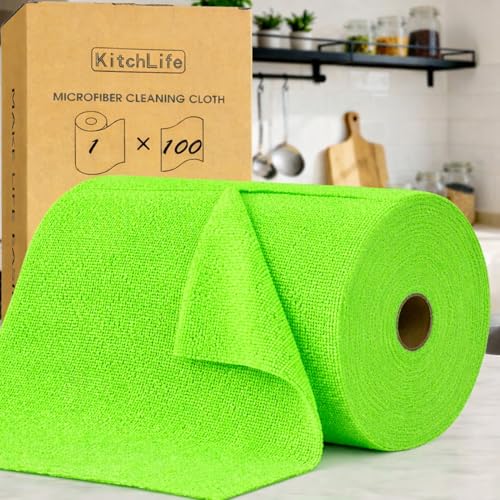 KitchLife Microfiber Cleaning Cloth Roll, 100 Pack - Tear-Away Microfiber Paper Towels, Lint-Free, Reusable, Washable for Kitchen, Car, Dishes, and Sensitive Surfaces (Neon Green) - color: Neon Green, size: 100 Pack