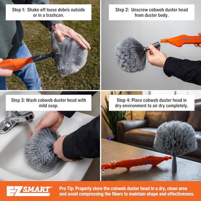 EZ Smart Powered Cobweb & Ceiling Fan Duster with 16ft Rigid Extension Pole – Adjustable Arm, Removable Washable Head, Interior & Exterior Use – Handheld or Pole-Mounted Cleaning Tool - size: Cobweb Duster Extension Pole Kit