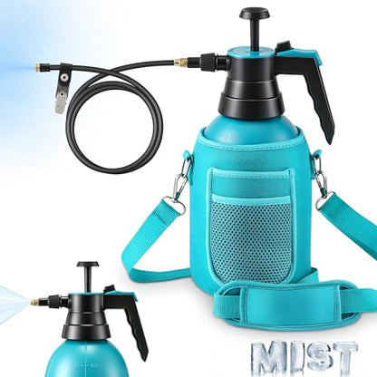 Aurelema Personal Mister, 2 in 1 Water Spray Bottle with 3.3ft Extend Mist Line/Neoprene Jacket/Strap, Portable Handheld Pump Spray Bottle for Outdoor Cooling, Hiking, Garden, Pet(Blue,2L) - color: Blue, style: with Neoprene Jacket;