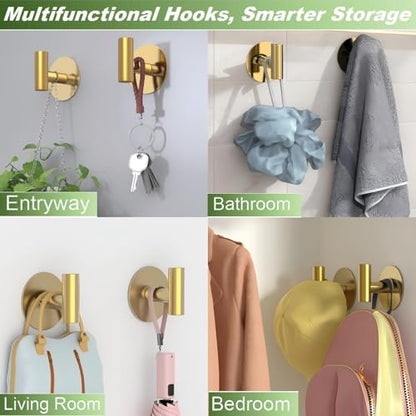 Gold Stainless Steel Wall Hooks, Heavy Duty Self-Adhesive Hooks for Coats, Towels, Robes, Hats, Aprons – No Drill Bathroom, Kitchen, Hotel (2 Pack) - color: Gold, size: Adhesive "T" Shape- 2 Pack