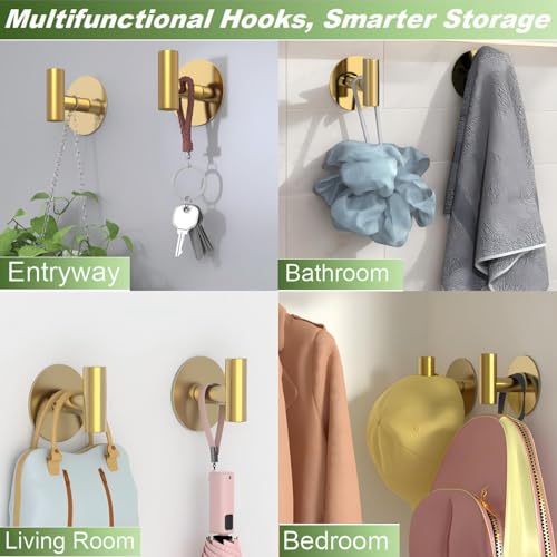 Gold Stainless Steel Wall Hooks, Heavy Duty Self-Adhesive Hooks for Coats, Towels, Robes, Hats, Aprons – No Drill Bathroom, Kitchen, Hotel (4 Pack) - color: Gold, size: Adhesive "T" Shape- 4 Pack