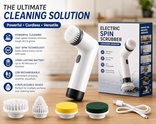 Electric Spin Scrubber Cordless Cleaning Brush, USB Rechargeable Power Scrubber for Bathroom, Kitchen, Tile, Grout, Sink & Shower Cleaning, 4 Replaceable Brush Heads, Portable Handheld Cleaning Tool