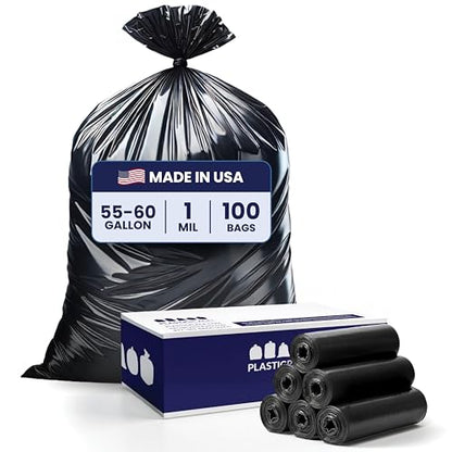 Plasticplace 55-60 Gallon Trash Bags │ 1.0 Mil │ Black Heavy Duty Garbage Can Liners │ 38” x 58” (100 Count) - style: 1.0 mil.
