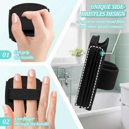 Silicone Back & Face Scrubber & Bath Glove Set 3PCS, 13.4'' Gentle Back Scrubber with Dual-Side Head, 360° Anti-Slip Bath Glove, Unique Side-bristled Face Scrubber for All-round Cleaning(Black) - color: Black*3