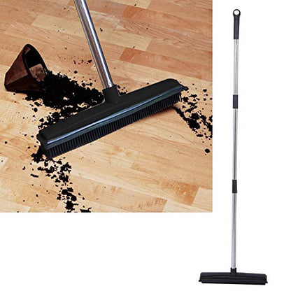 Rubber Broom Carpet Rake for Pet Hair Removal, 3 Section Telescopic Multifunction Floor Carpet Cleaner Sweeper, Black - color: Black