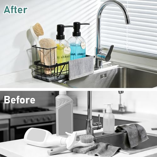 Hand and Dish Soap Dispenser Set, 14.4 oz/425 ml Dish Soap Dispenser, Dish Soap Dispenser with Sponge Holder & Diatomite Tray, for Countertop Organizer - color: Clear