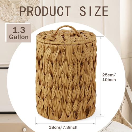 Ctosree 1.3 Gallons Small Trash Can with Lid Handle Boho Woven Braided Bathroom Waste Basket Trash Can with 100 Garbage Bags for Bedroom Office Laundry(Braided Polypropylene, Caramel Color) - color: Caramel Color, style: Round