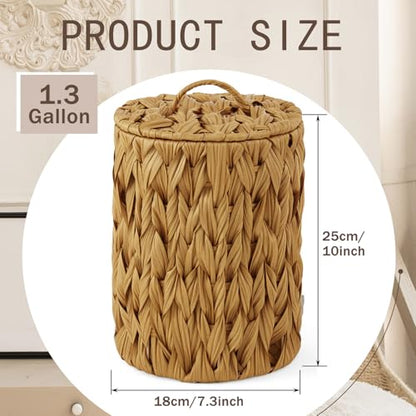 Ctosree 1.3 Gallons Small Trash Can with Lid Handle Boho Woven Braided Bathroom Waste Basket Trash Can with 100 Garbage Bags for Bedroom Office Laundry(Braided Polypropylene, Caramel Color) - color: Caramel Color, style: Round