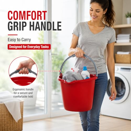 Large 10-Qt Easy Pour Pail with Comfort Grip Handle, Heavy Duty Utility Bucket for Cleaning, Washing, Storage & Household Use, Red