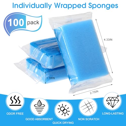Tioncy 100 Pcs Individually Wrapped Sponges Kitchen Bulk Blue Dish Non Scratch Scrub Sponges Dual Sided Cleaning Dish Scrubber for Washing Dishes, Pots, Pans, Sinks, Stoves, Appliances, Car, Bike - color: Blue