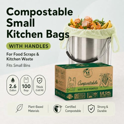 UNNI 2.6 Gallon Compostable Trash Bags with Tie Handles, 100 Count Small Food Scrap Kitchen Compost Bags for Countertop Bin, Certified by BPI, CMA & OK compost HOME, Meets ASTM D6400 - size: 100 Count (Pack of 1), style: 2.6 Gallon