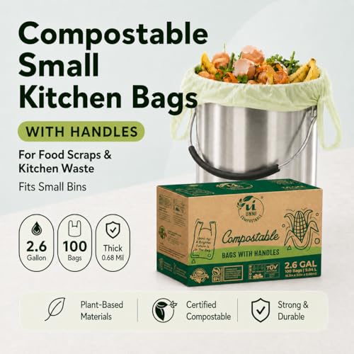 UNNI 2.6 Gallon Compostable Trash Bags with Tie Handles, 200 Count Small Food Scrap Kitchen Compost Bags for Countertop Bin, Certified by BPI, CMA & OK compost HOME, Meets ASTM D6400 - size: 200 Count (Pack of 1), style: 2.6 Gallon