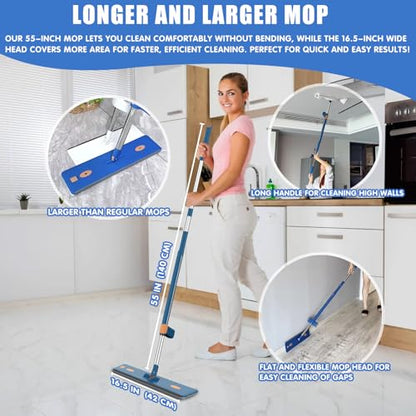 16.5" Self Wringing Flat Mop and Collapsible Bucket Set - Hands-Free Wet & Dry Microfiber Mop with Built-in Squeegee & 5 Washable Pads - Floor Cleaner for Hardwood, Laminate, and Tile - size: Mop & 5 microfiber mop pads & collapsible bucket