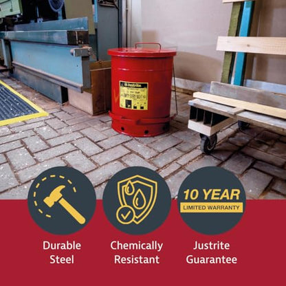 Justrite 21 Gallon Galvanized Steel Oily Waste Can, 23.5" x 18" Metal Oil Rag Safety Can with Foot Operated Self-Closing Lid for Oil Rag Disposal, Made in The USA, Red, 09700 - color: Red, size: 21 Gallon, style: Foot-Operated Lid