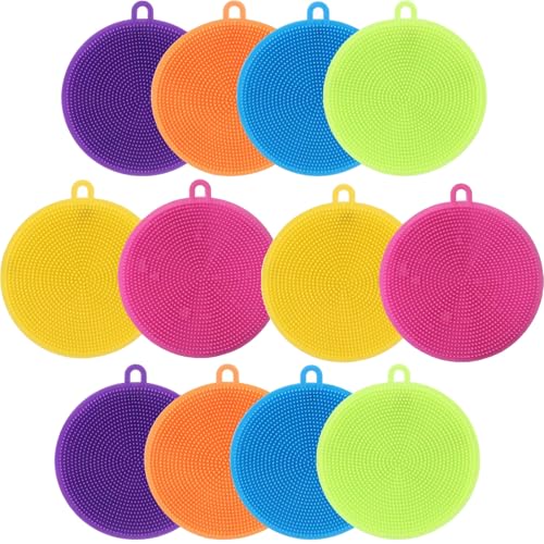 Silicone Dish Scrubber, 12 Count Silicone Sponge Dish Brush, Food Grade BPA Free Reusable Rubber Sponges Dishwasher Safe and Dry Fast, for Kitchen Dish Dishes Fruits Vegetables Washing and Cleaning.