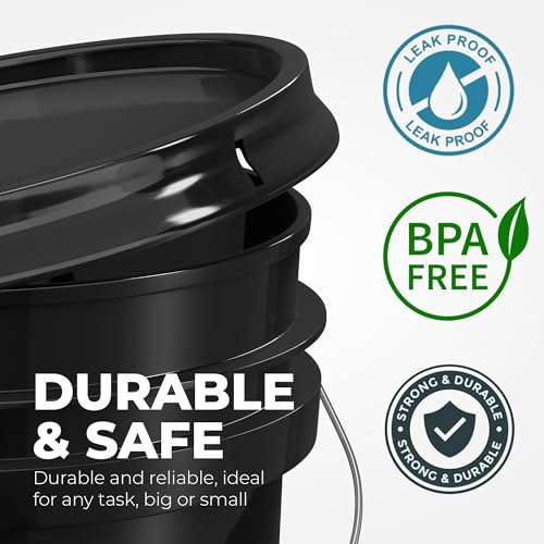 EconoHome 5-Gallon Black Bucket Pail Container with Lid | Metal Handles with Plastic Grip | Easy Stack and Store | Heavy-Duty, Approx 90 MIL, Extra Durable | Food Grade | BPA Free - 2 Pack - color: Black, size: 2 Pack