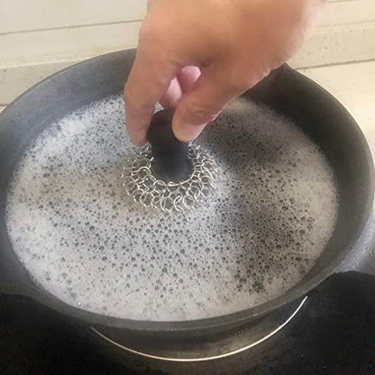 316 Upgraded Chainmail Scrubber with Silicone Handle Cast Iron Cleaner for Cast Iron Grill Pan Skillet Wok Bakeware Ergonomic to Hold Easy to Use Dishwasher Safe, Scrubber + Scraper + Towel (Black) - color: Black