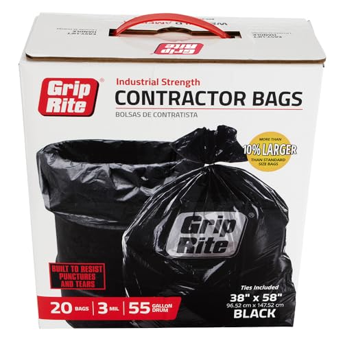 Grip-Rite Heavy Duty Black Contractor Garbage Bags - Durable Trash Bags for Yard Waste, Construction Debris, Lawn Maintenance - 55 Gallons - 38" x 58" - 20 Count - GRHDC55BAG20