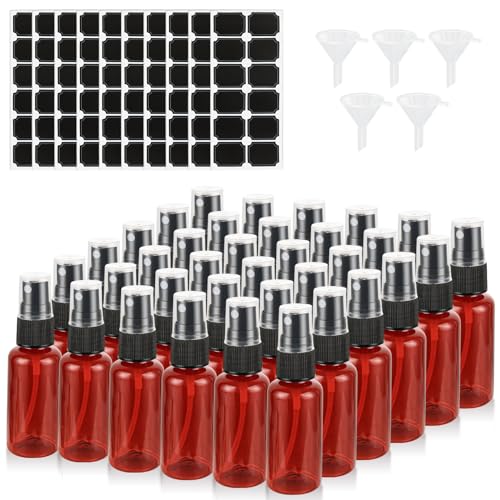 60PCS 1 oz Amber Spray Bottles Mini Spray Bottle Small Spray Bottle Plastic for Essential Oils, with Funnel & Stickers Refillable for Travel Cleaning Beauty - color: Amber, size: 1 oz