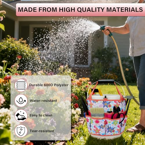 KUNN 5 Gallon Bucket Organizer 18-Pocket Bucket Tool Bag with Hangable Handle, Heavy-Duty Garden Tool Organizer Bag for Gardening Tools, Fits 3.5-5 Gal Buckets, Includes Comfort Grip Pad, Red - style: White Blossom