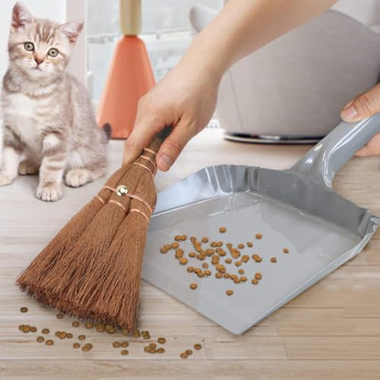 Metal Dust Pan and Brush Set, Natural Bristle Wooden Hand Broom, Handheld Dustpan for Fireplace, Garage, Workshop, 9" Wide - style: Metal Dustpan