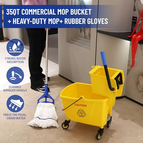 35QT Side-Press Mop Bucket and Wringer Combo on Wheels, Yellow,Including One Heavy Duty Industrial Mop and One Set Large Rubber Cleaning Gloves